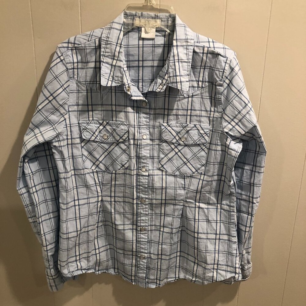 Women's Blue & White Plaid Pearl Snap Shirt, Size L